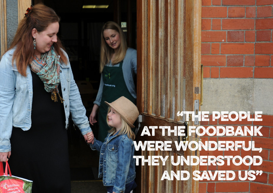 Young family at foodbank entrance with text: "The people at the foodbank were wonderful, they understood and saved us"